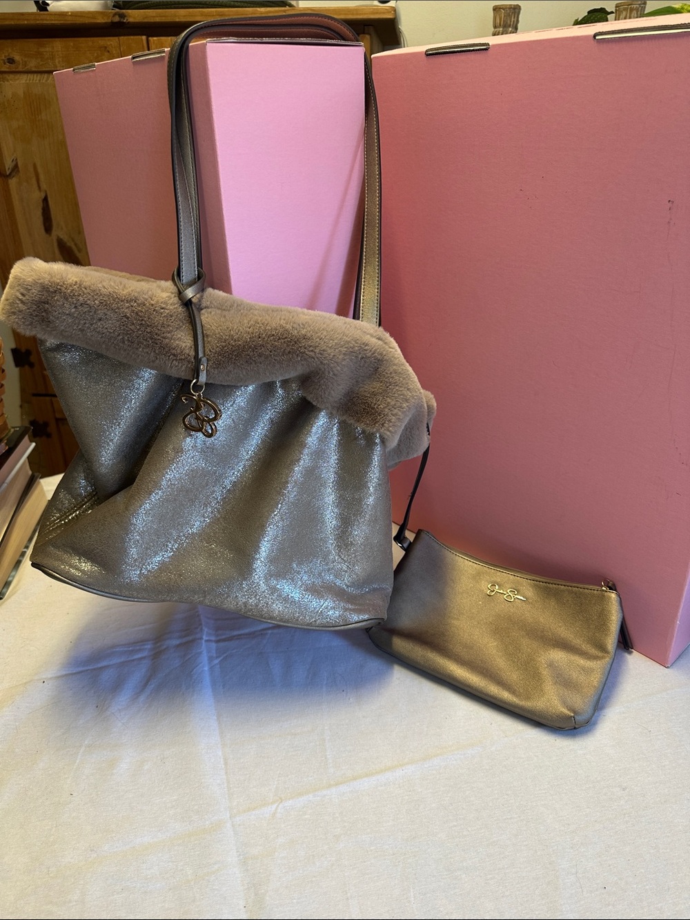 Jessica Simpson Metallic Taupe Shoulder Bag with Faux Fur Trim